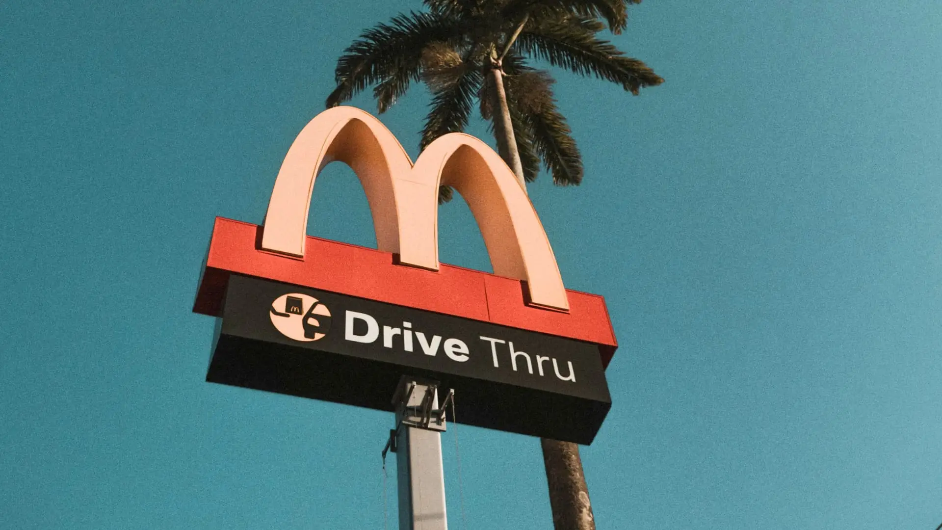 The McDonalds arch in front of a palm tree.