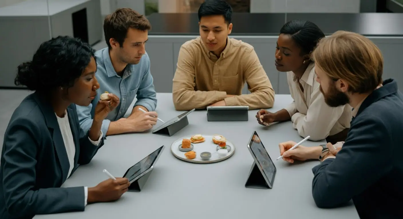 A group of five people sitting around a table, tasting small food samples while reviewing notes on tablets during a structured food evaluation session.