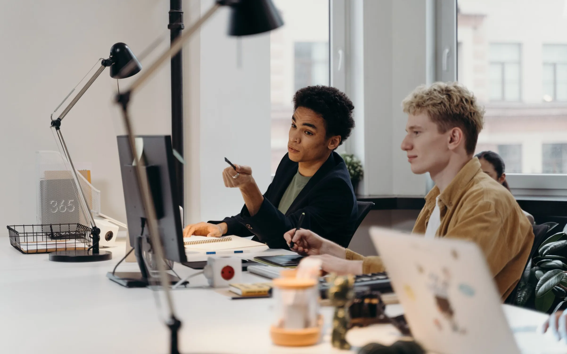 Co-workers looking at screen