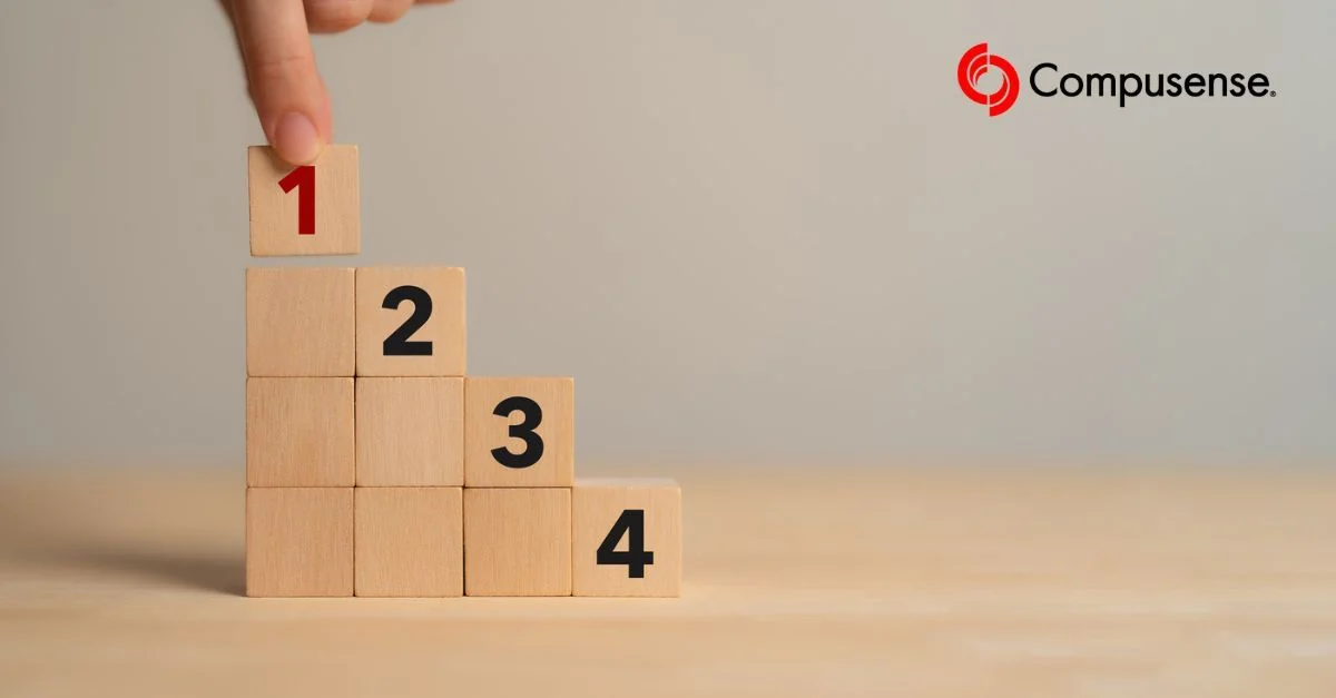 A hand pointing at wooden blocks numbered 1 through 4 arranged in a row against a turquoise background, suggesting ranking or prioritization.