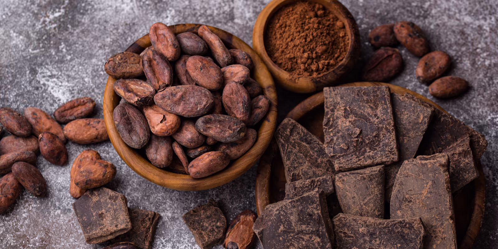 Natural cocoa beans, powder & chocolate.