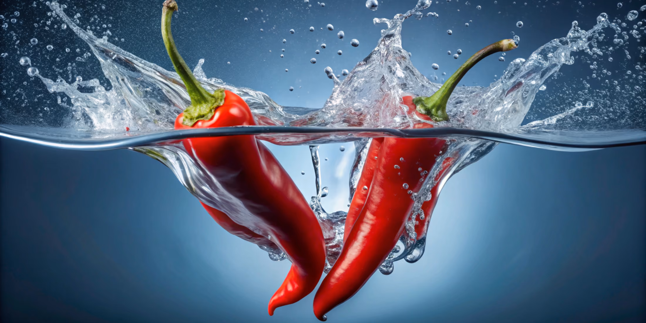 Two hot peppers splashing into a glass of water.