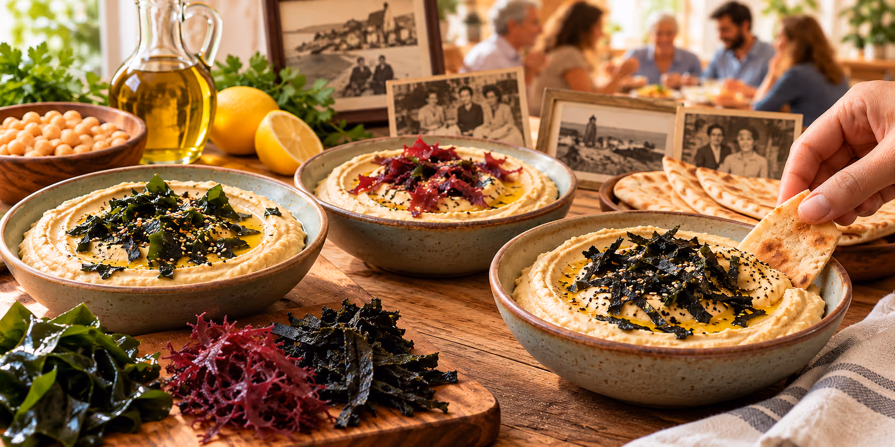 Seaweed hummus in front of a family