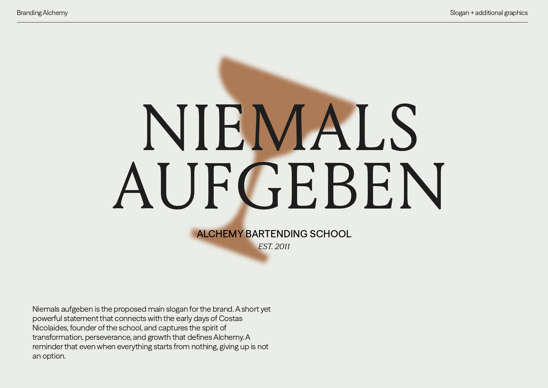 Slogan Niemals Aufgeben — gráfica adicional para Alchemy Bartending School
