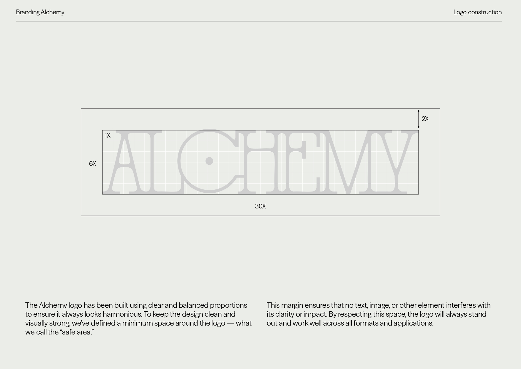 Construcción y área segura del logo de Alchemy Bartending School