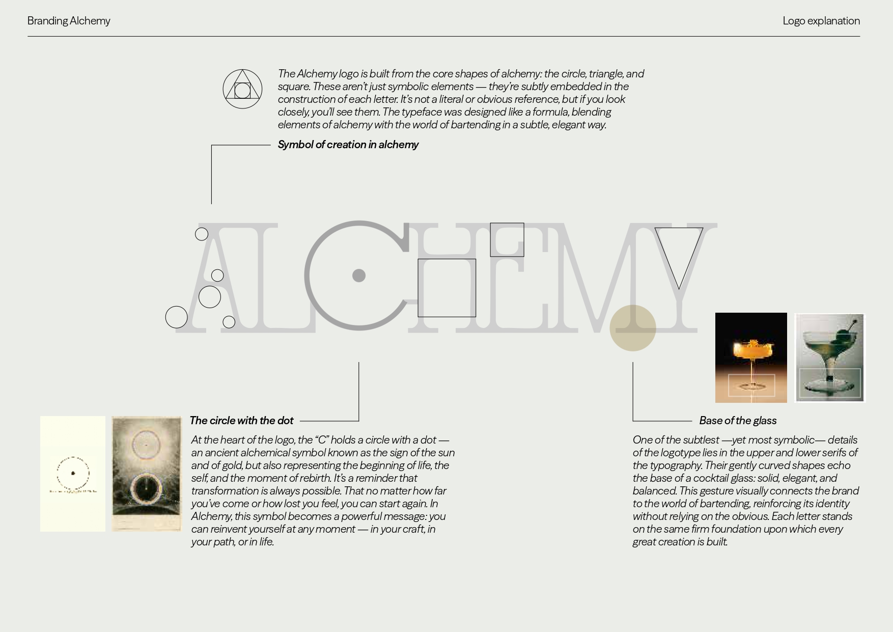 Explicación simbólica del logotipo de Alchemy — círculo, triángulo y base de copa