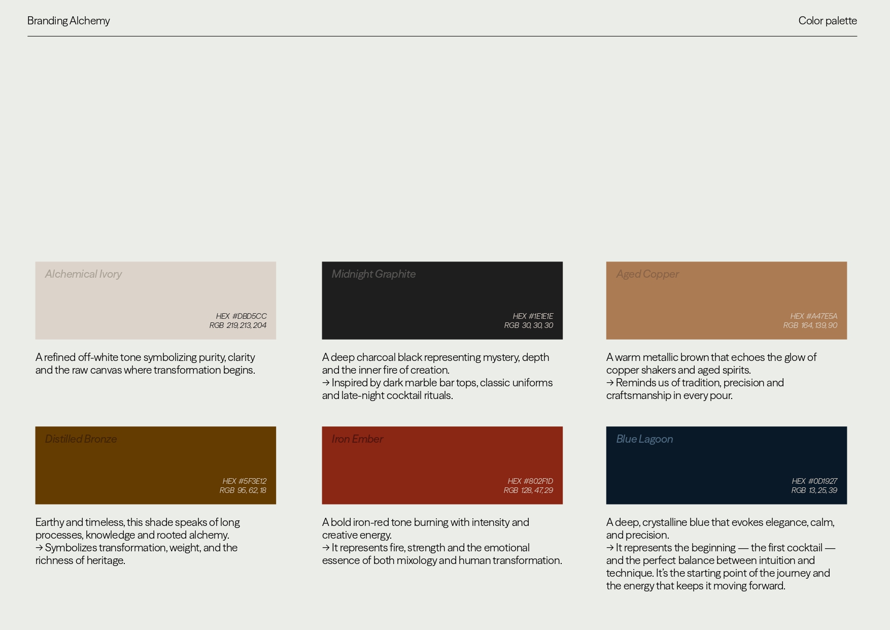Paleta cromática Alchemy — Alchemical Ivory, Midnight Graphite, Aged Copper