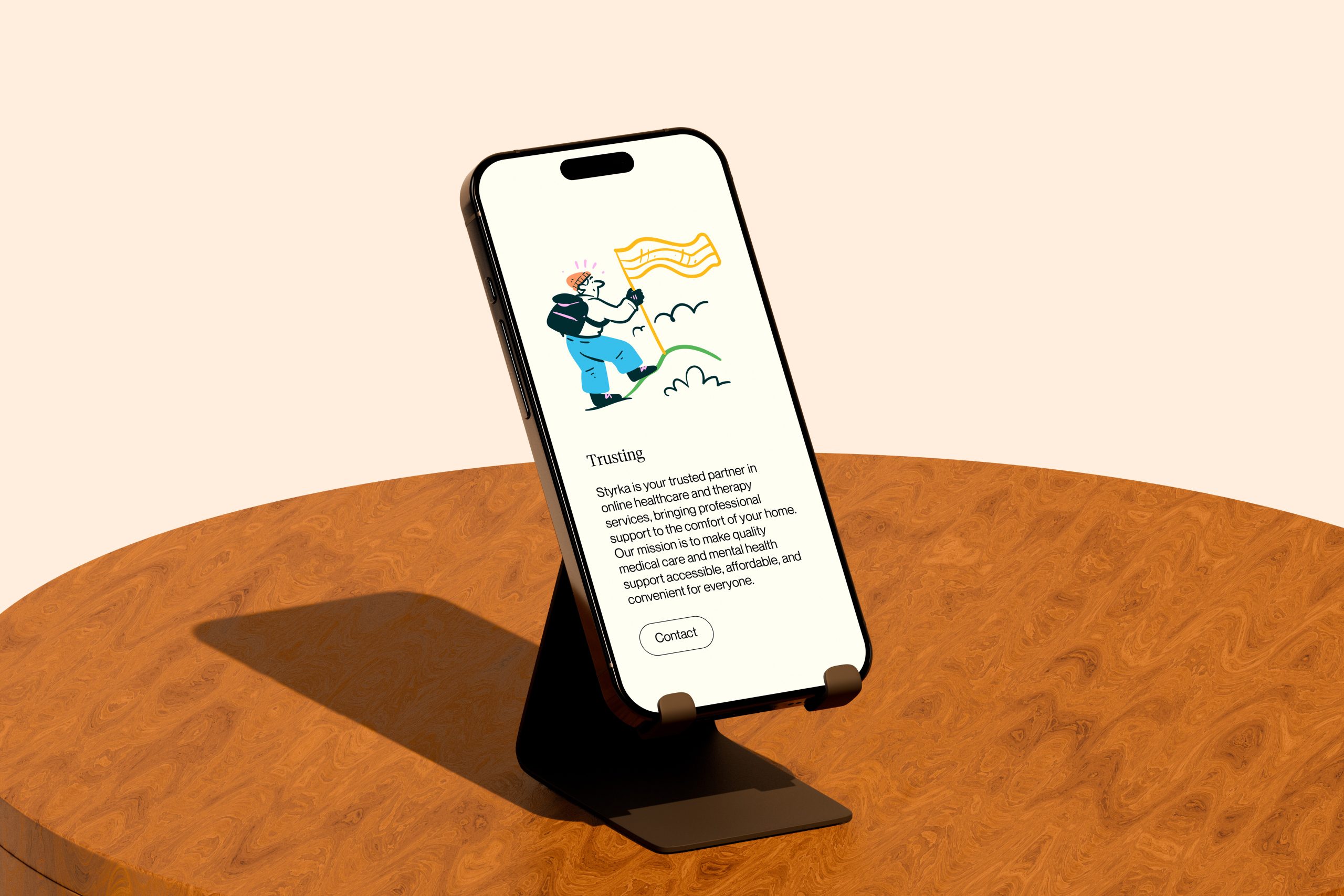 App Styrka en mockup iPhone — diseño UI para plataforma médica por Indigo Estudio