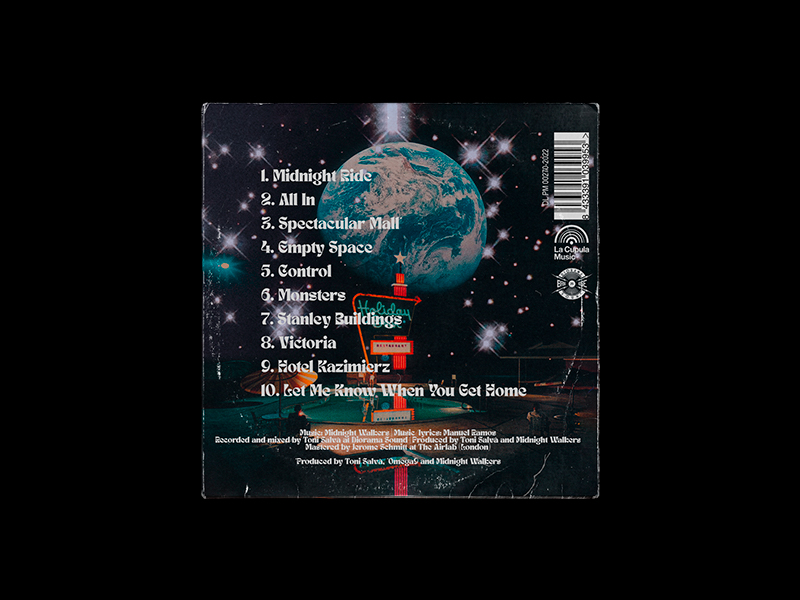 Detalle diseño álbum Midnight Walkers — packaging musical por Indigo Estudio Mallorca