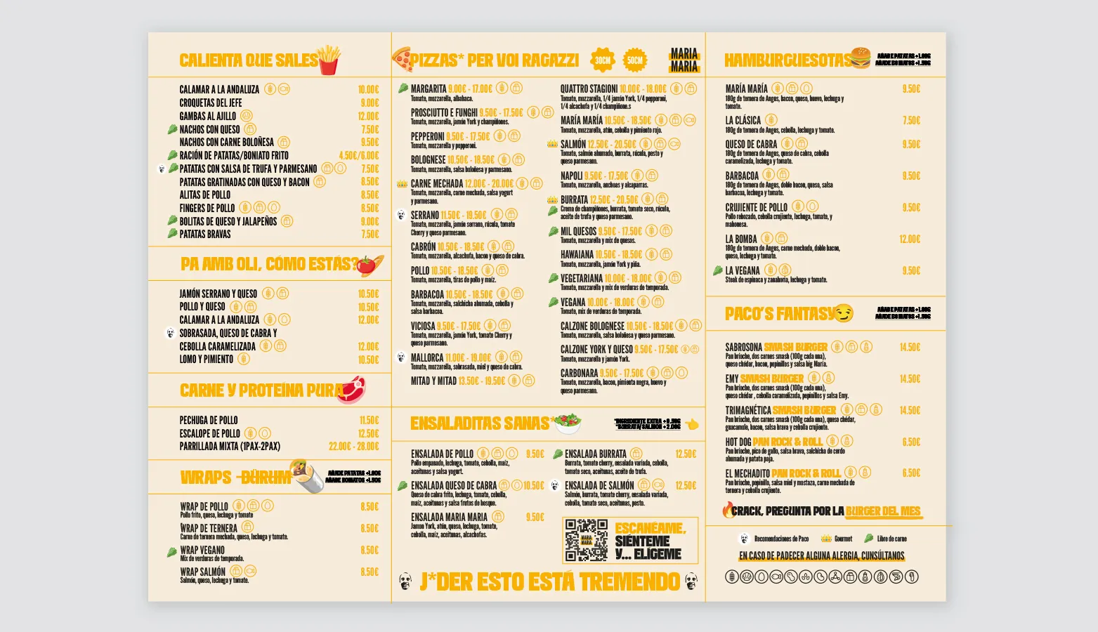 Menú rediseñado Maria Maria — diseño editorial por Indigo Estudio Mallorca