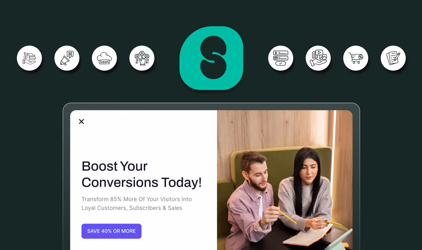 Two young people seated in a modern office discussing notes with a laptop, alongside text encouraging boosting conversions by transforming visitors into customers.