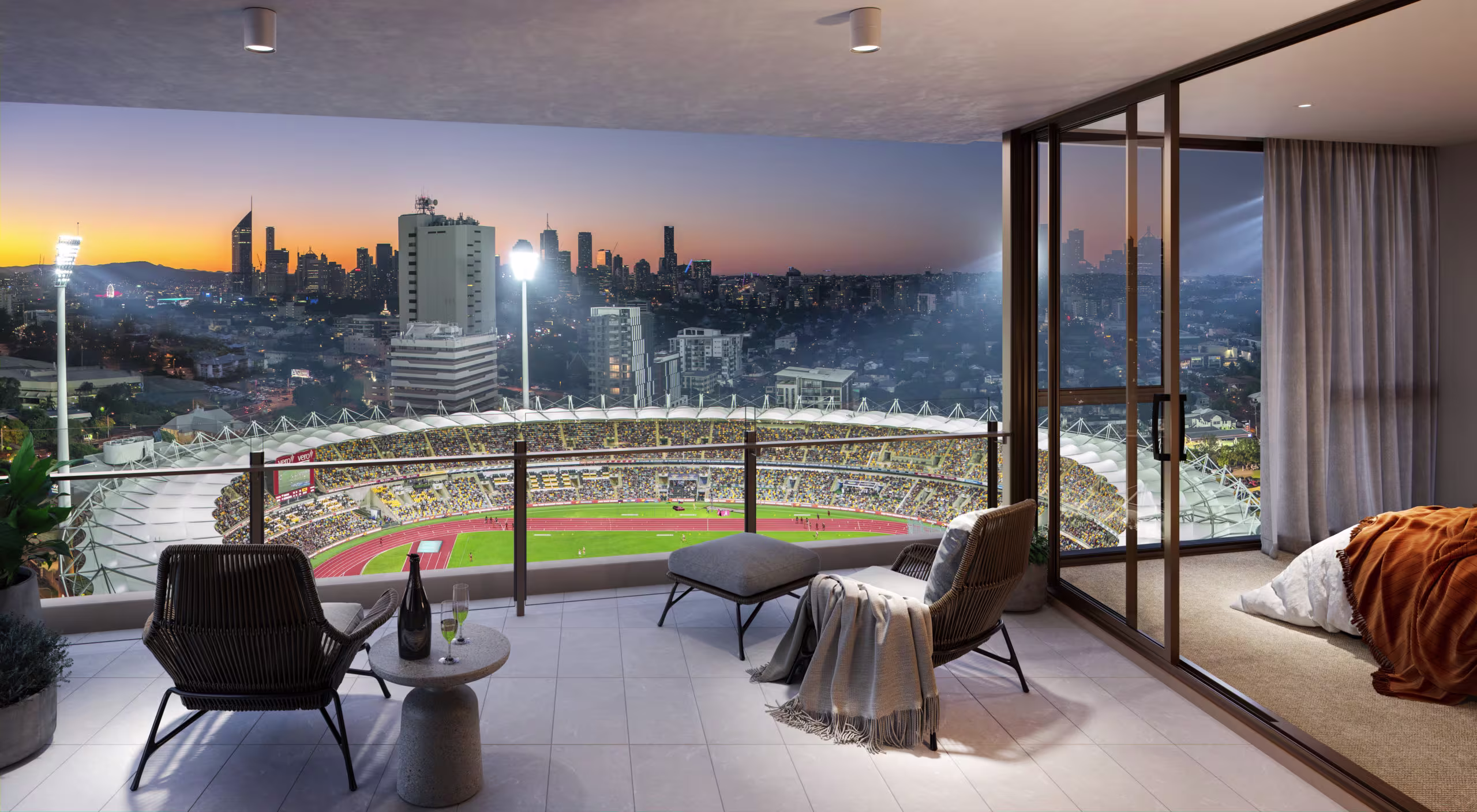 Luxurious apartment with a view of the gabba in Brisbane that is rented on Airbnb and uses Lane Property as its Airbnb Management company.