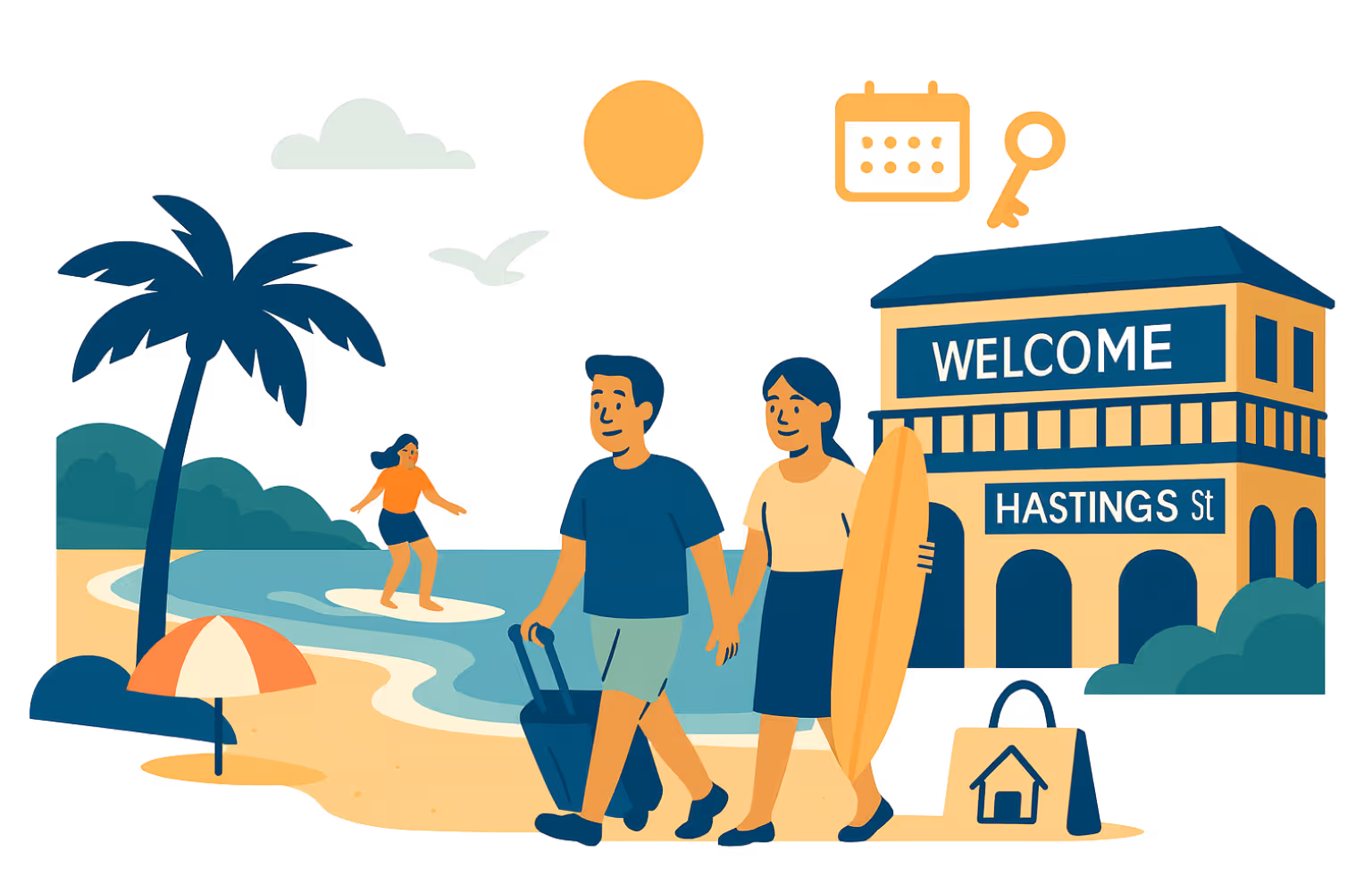 Illustration of a traveller, a cleaner making a bed, and two people chatting over coffee, with Airbnb and home rental icons.