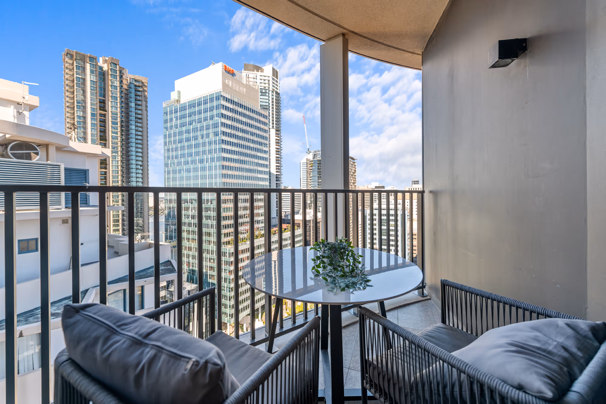 Queen Street Brisbane CBD modern apartment living area for short-term rental