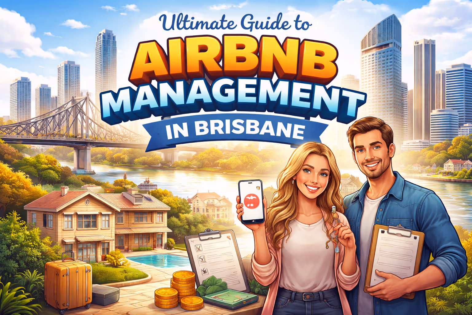 Ultimate guide to Airbnb management in Brisbane featuring the Brisbane skyline, Story Bridge, residential property, and property investors holding keys and management tools.