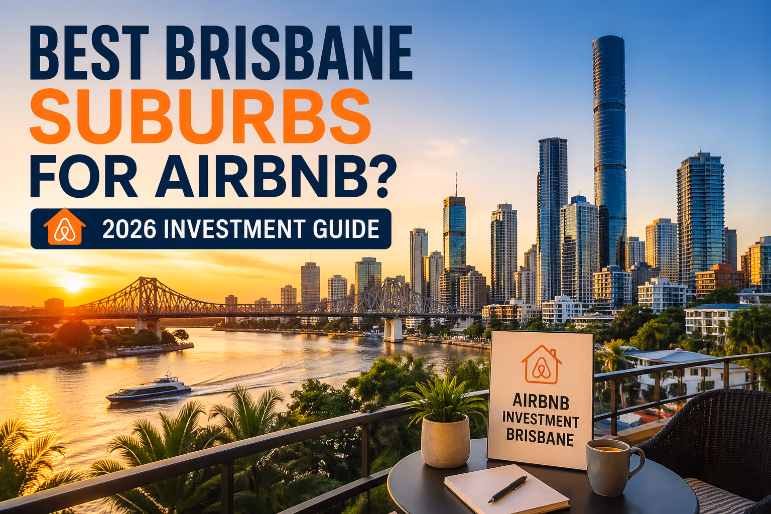 Brisbane skyline at sunset with the Story Bridge and river in view, seen from a modern balcony with plants and a coffee, overlaid with bold text reading “Best Brisbane Suburbs for Airbnb? 2026 Investment Guide”