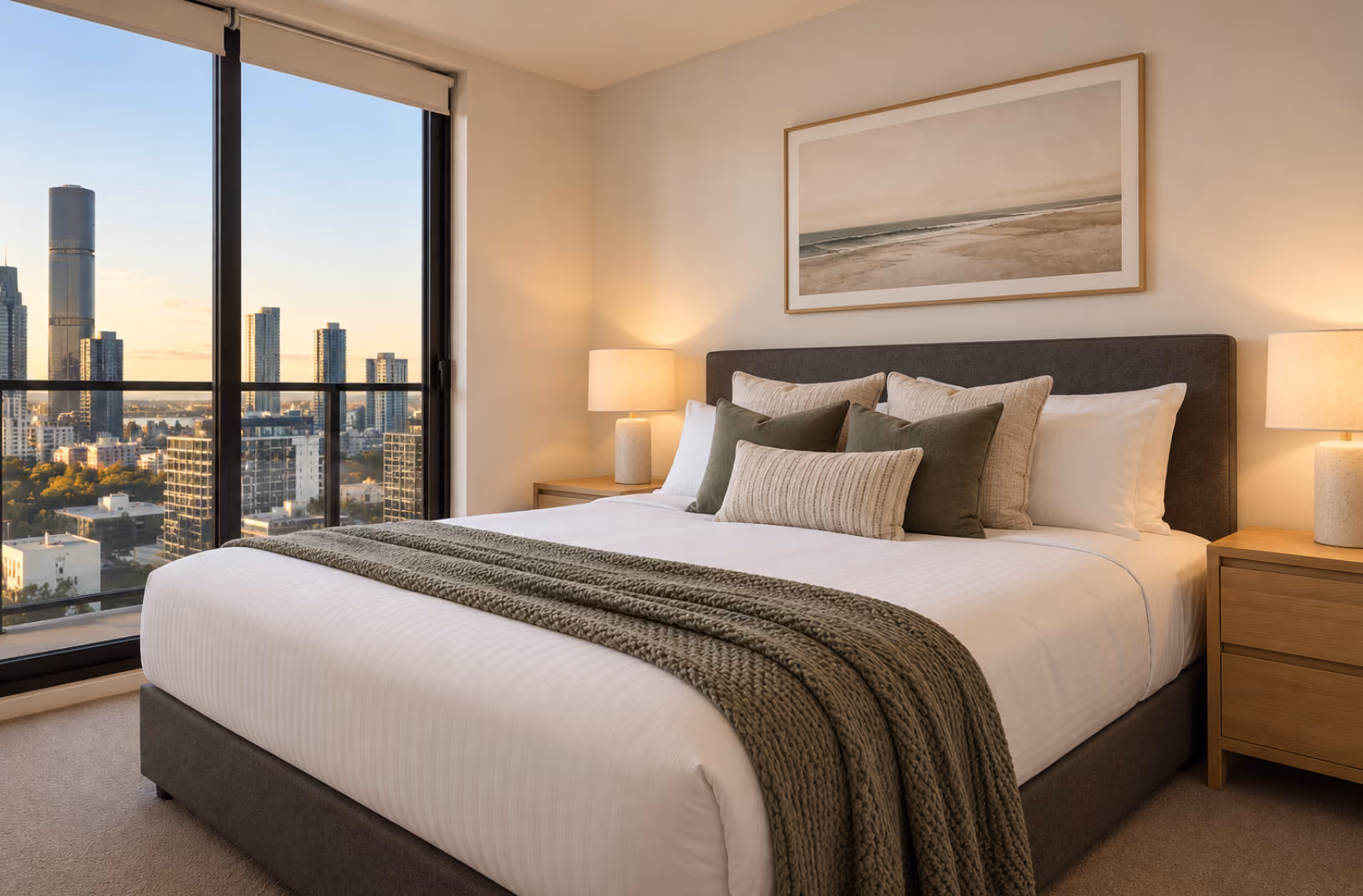 The same Airbnb bedroom styled with a throw, decorative pillows and artwork