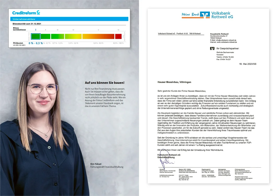 Bonitätsbestätigung für HAUSER Massivbau von der Volksbank Rottweil eG.