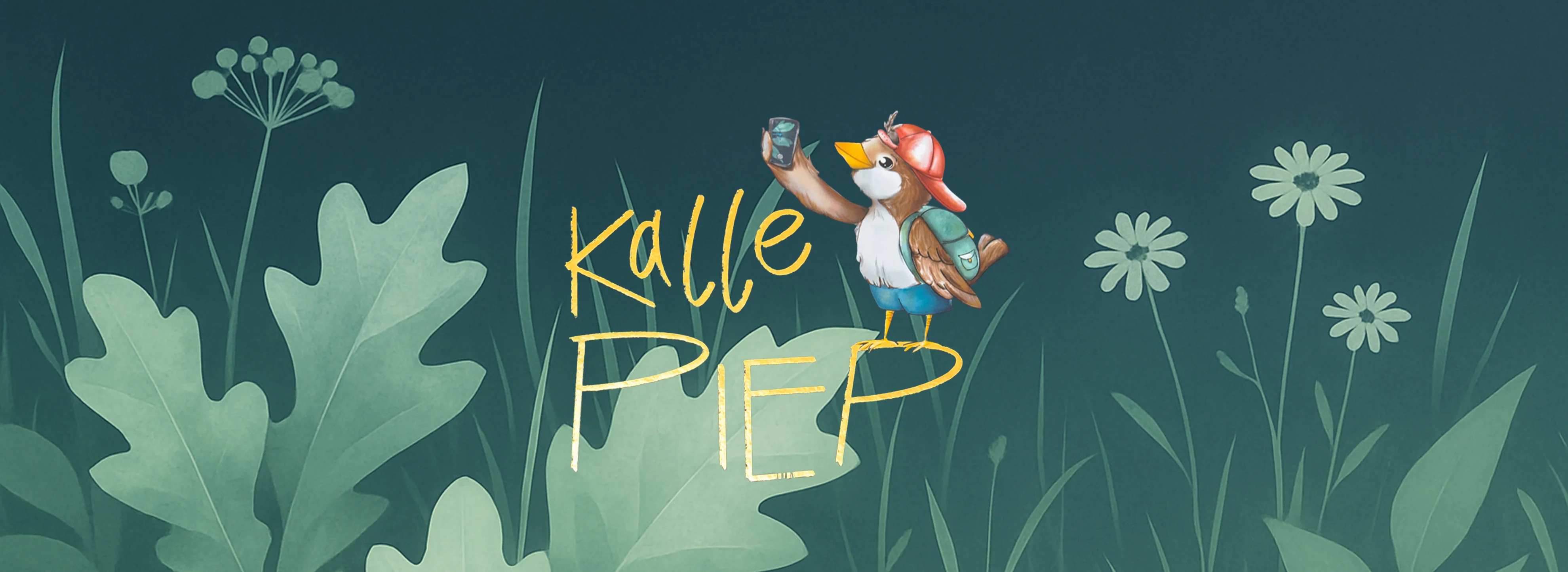 Gezeichneter Vogel Kalle Piep aus dem Kinderbuch mit Schirmmütze und Rucksack.