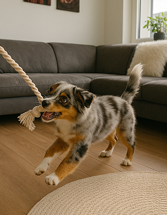 Hund spielt mit Seil im Wohnzimmer.