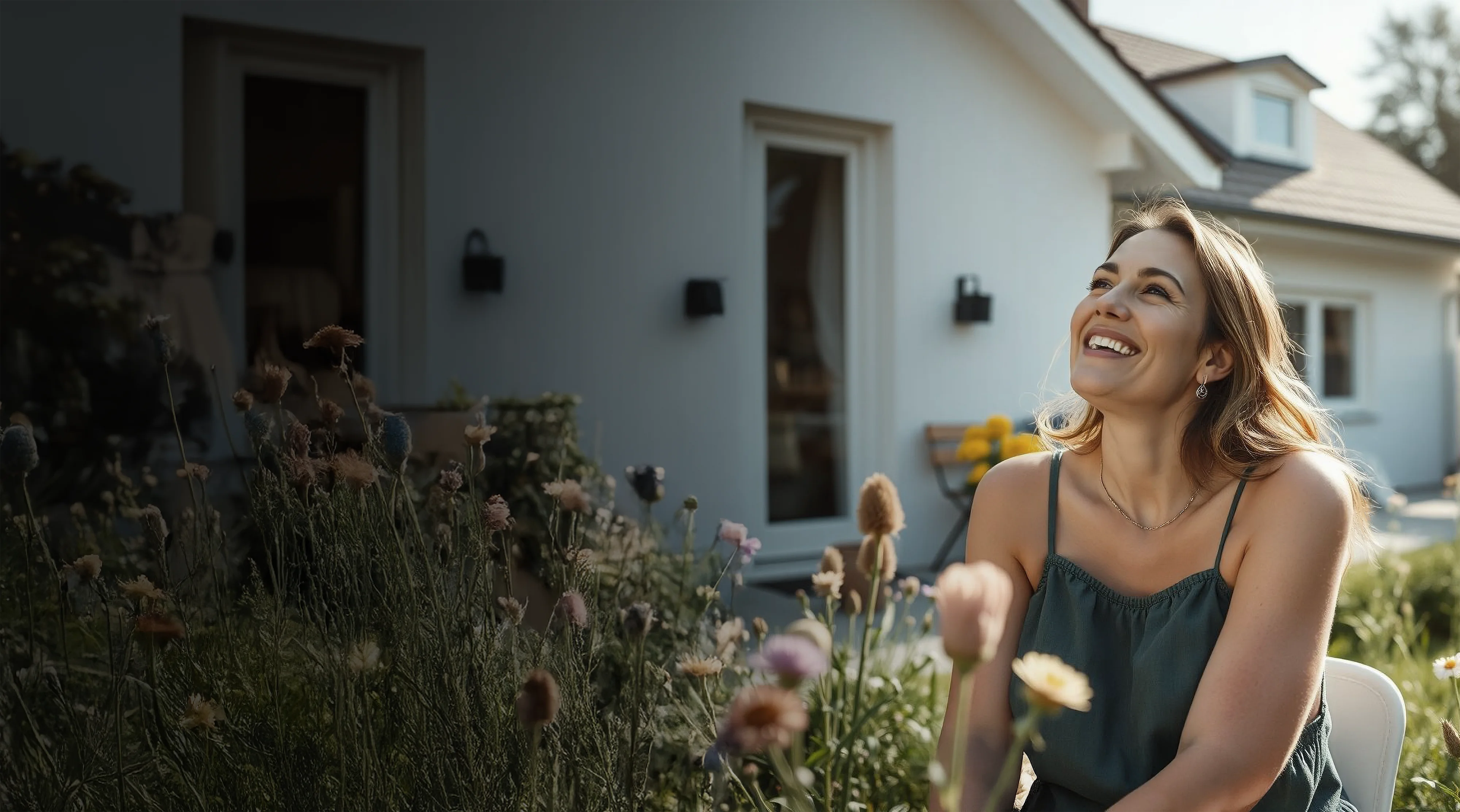 Lächelnde Frau vor ihrem Einfamilienhaus von HAUSER im Garten vor einem Blumenhügel. 