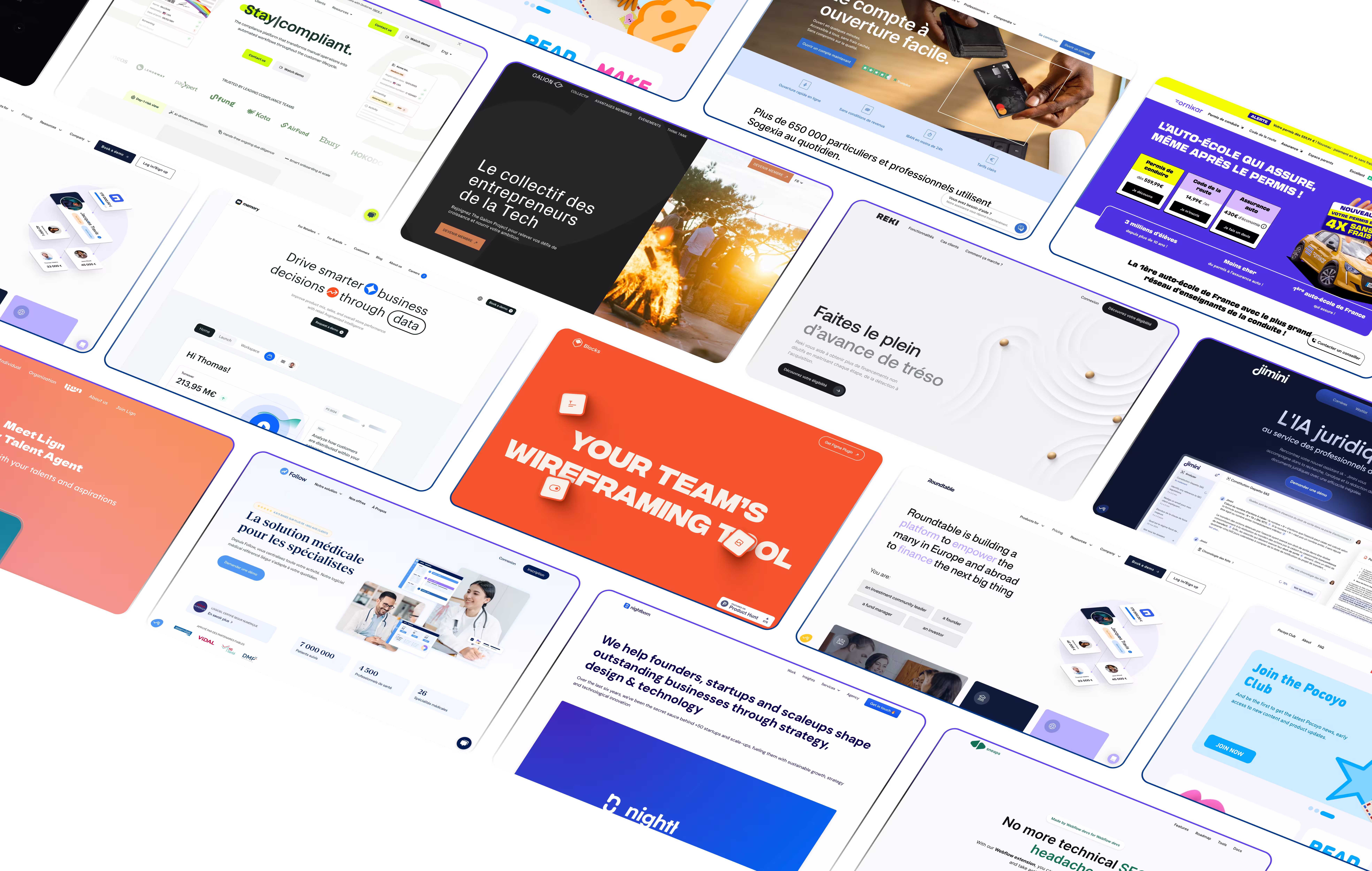 Capture d’écran de plusieurs pages web affichées en diagonale, présentant divers services et produits numériques.