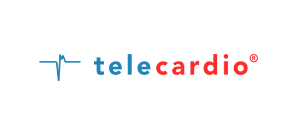 Telecardio logo with a blue heartbeat line and blue and red text on a white background.