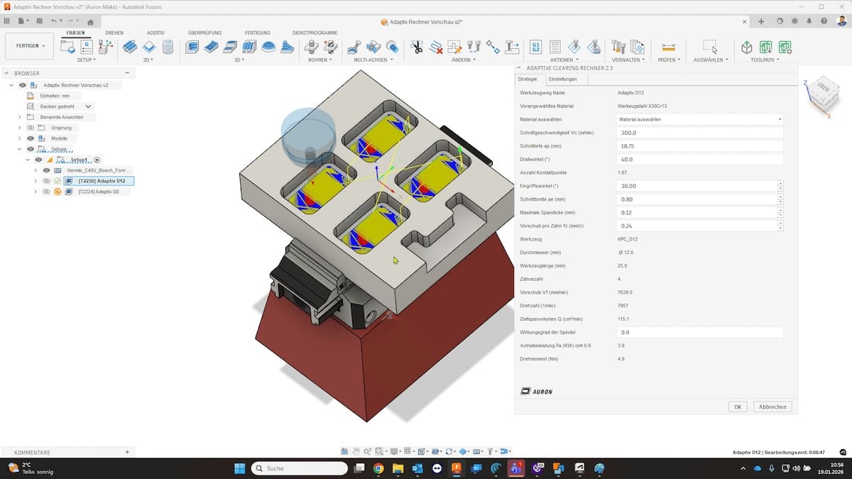 Screenshot des Adaptive Clearing Rechners in Autodesk Fusion
