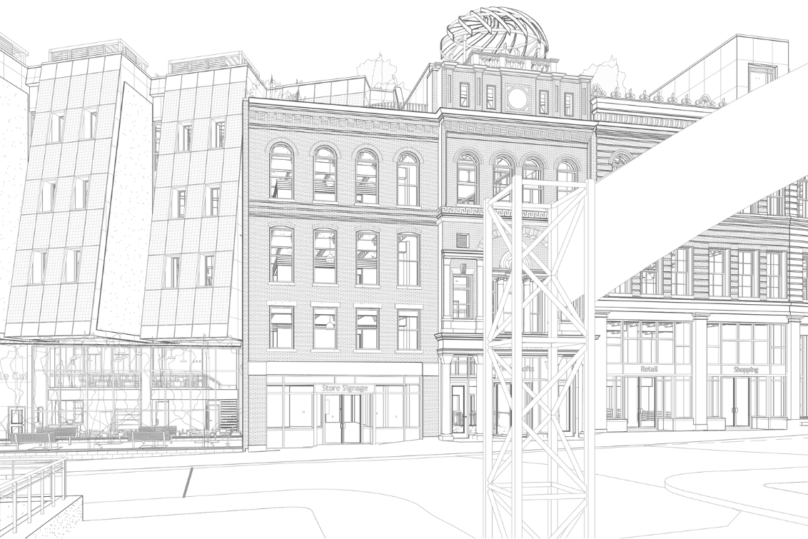Illustration einer Gebäudefront mit mehreren Fenstern, einem Glasbereich links, einem Stahlgerüst im Vordergrund und einer modernen Skulptur auf dem Dach.
