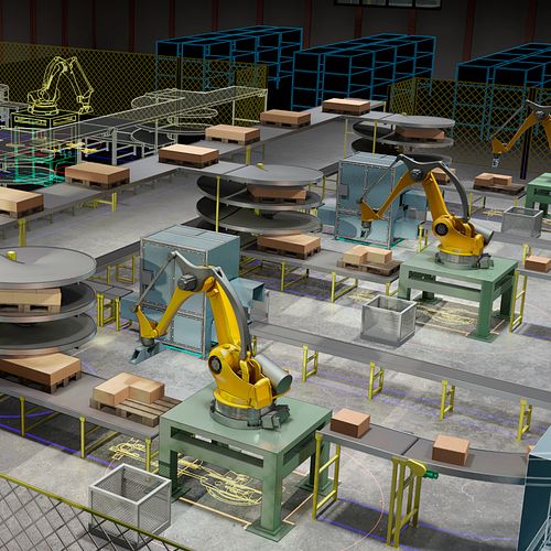 Automatisierte Fabrik mit gelben Industrierobotern, Förderbändern und Kartons in einer Versandhalle.