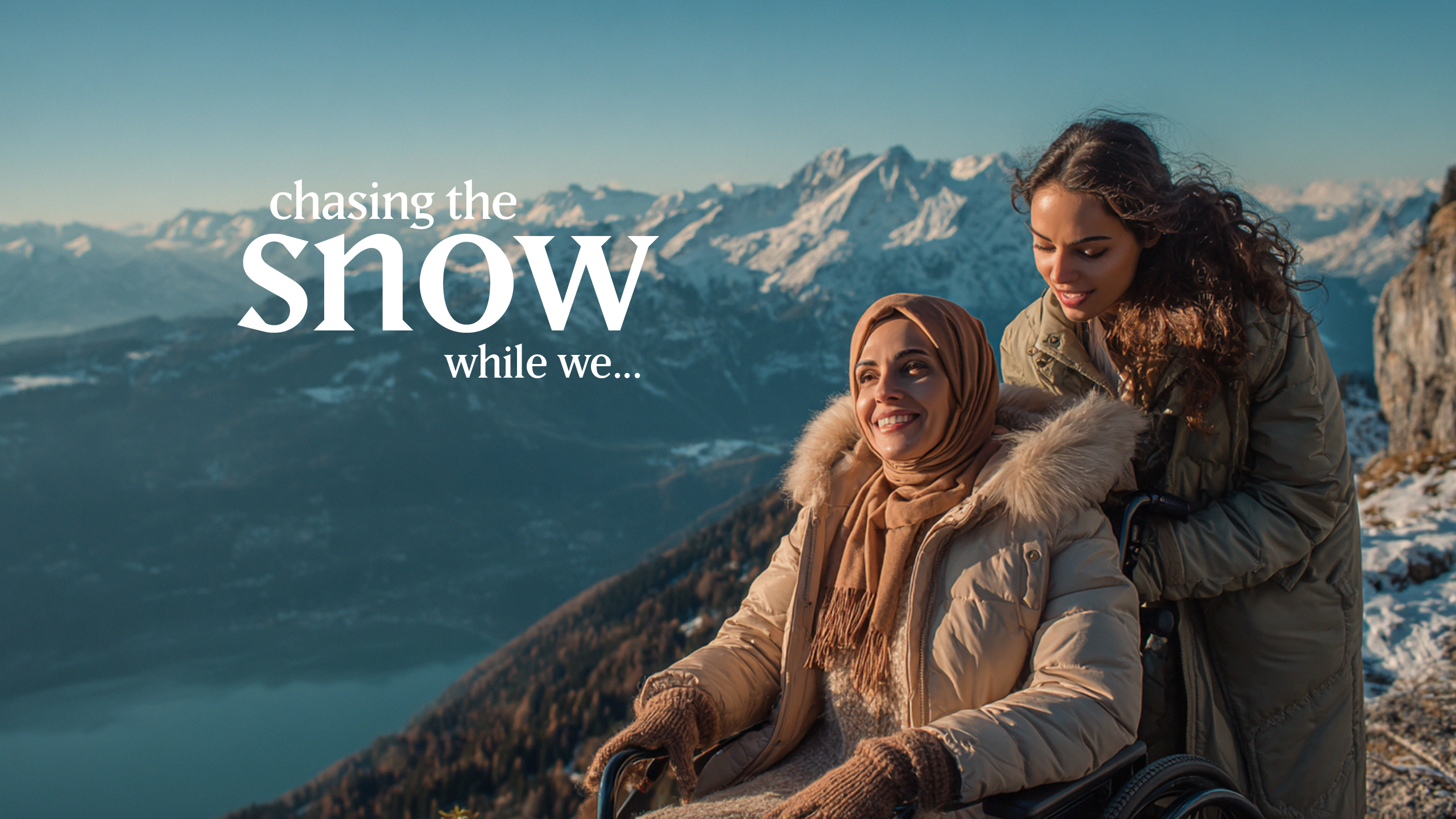 A couple of women standing on top of a snow covered slope.