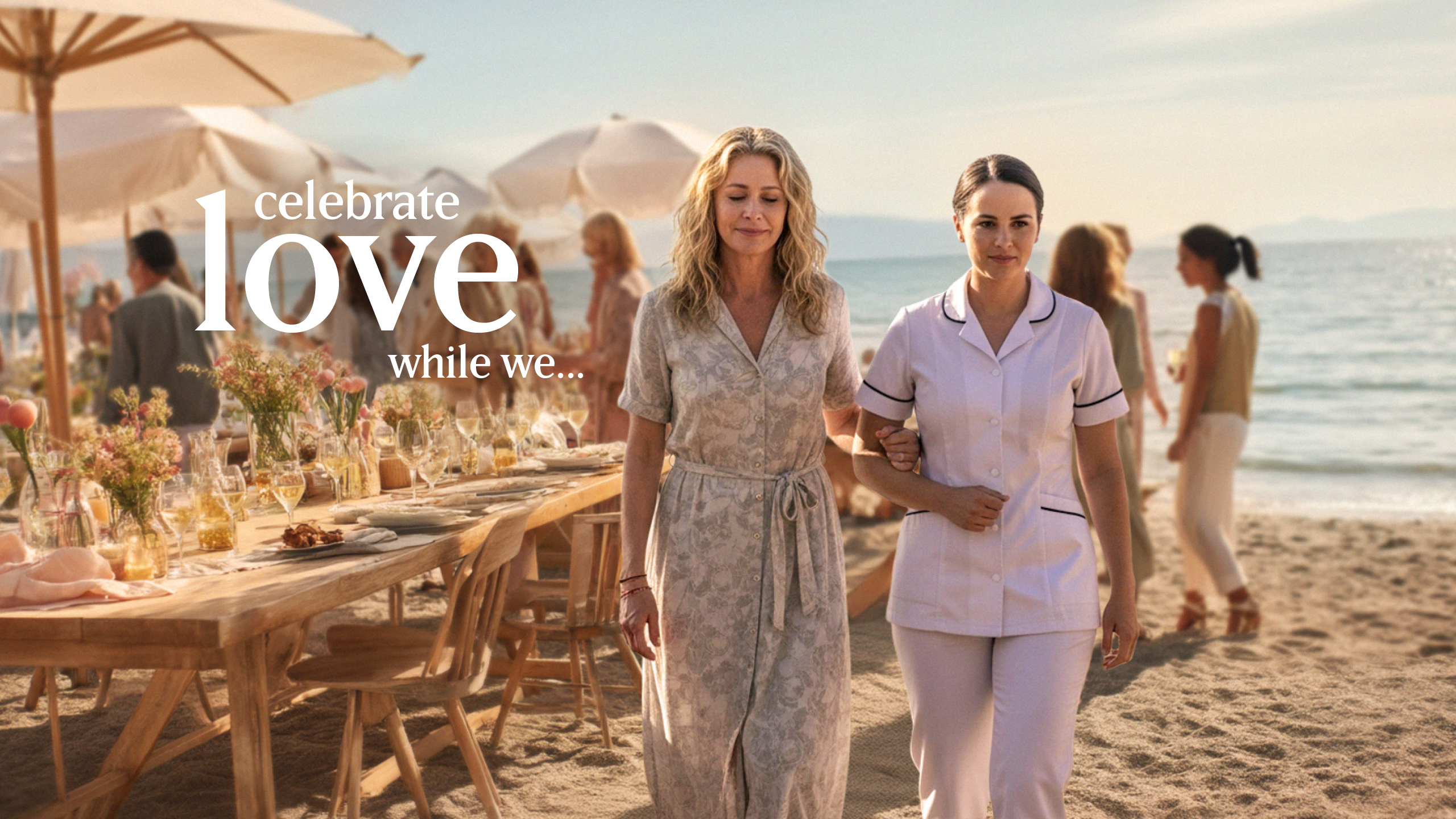 A couple of women walking down a beach.