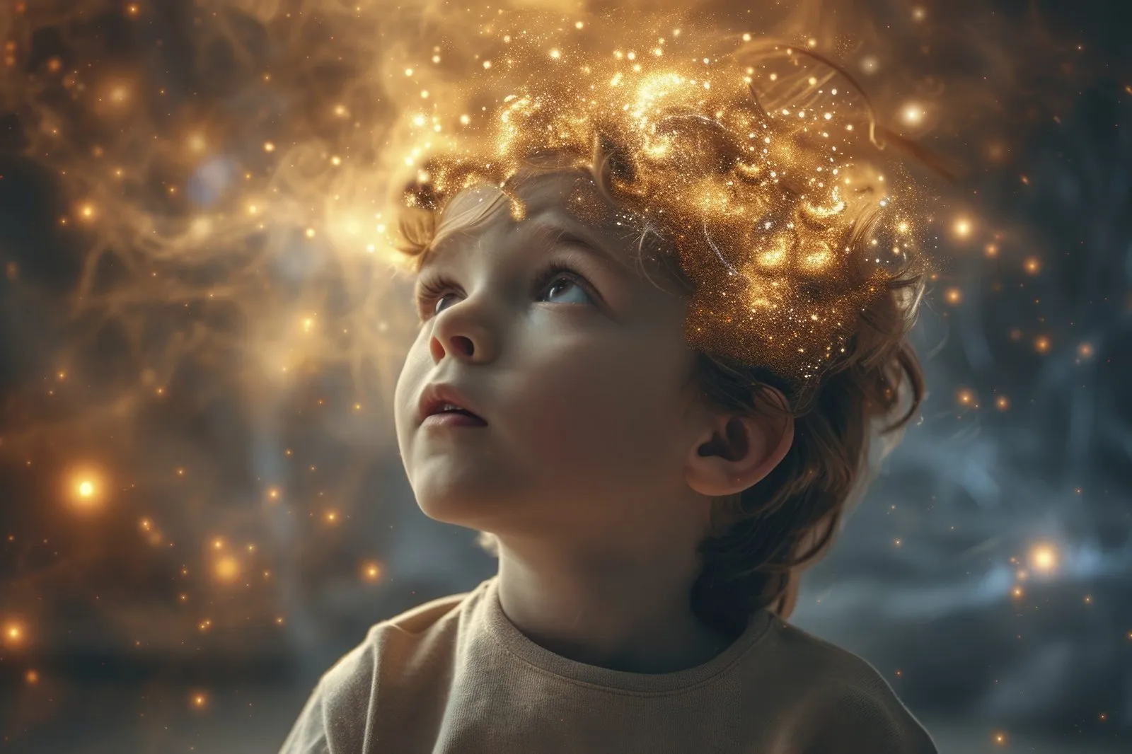 a child looking up with sparkles on his head