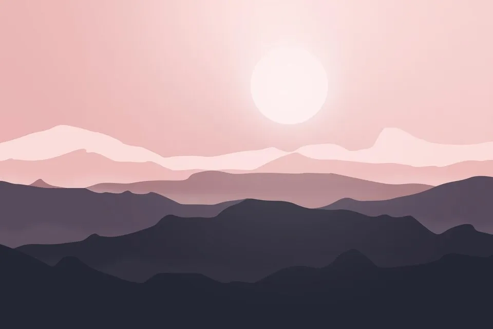 a landscape of mountains and a pink sky