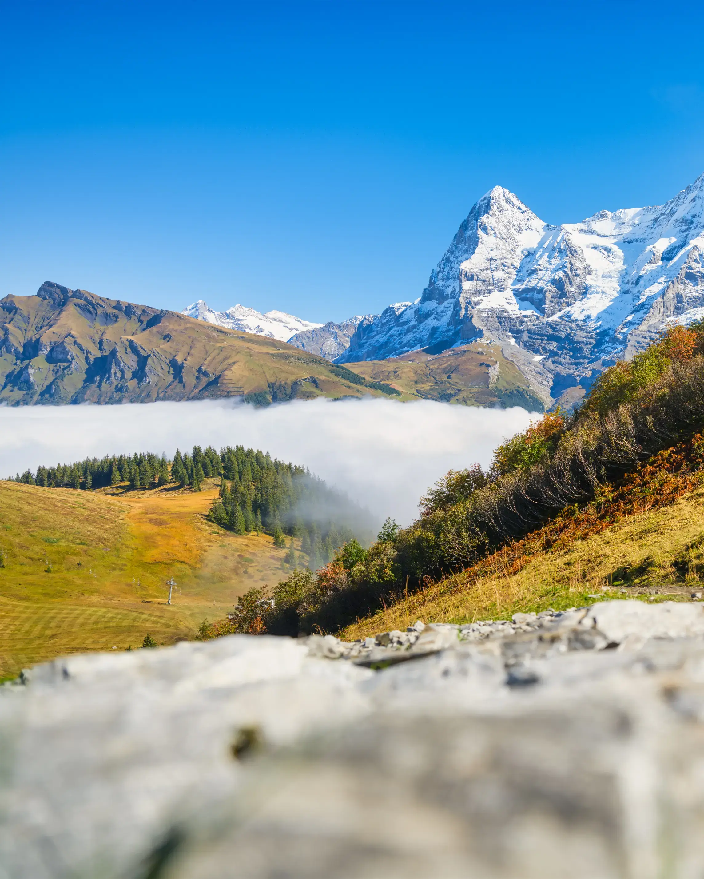 Landschaftsbild mit Bergen im Hintergrund und verhangenem Nebel im Tal
