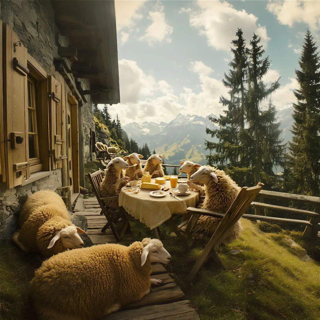 KI Generiertes Bild: Schafe, welche auf der Alp an einem Tisch sitzen und ein Kaffeekränchen halten