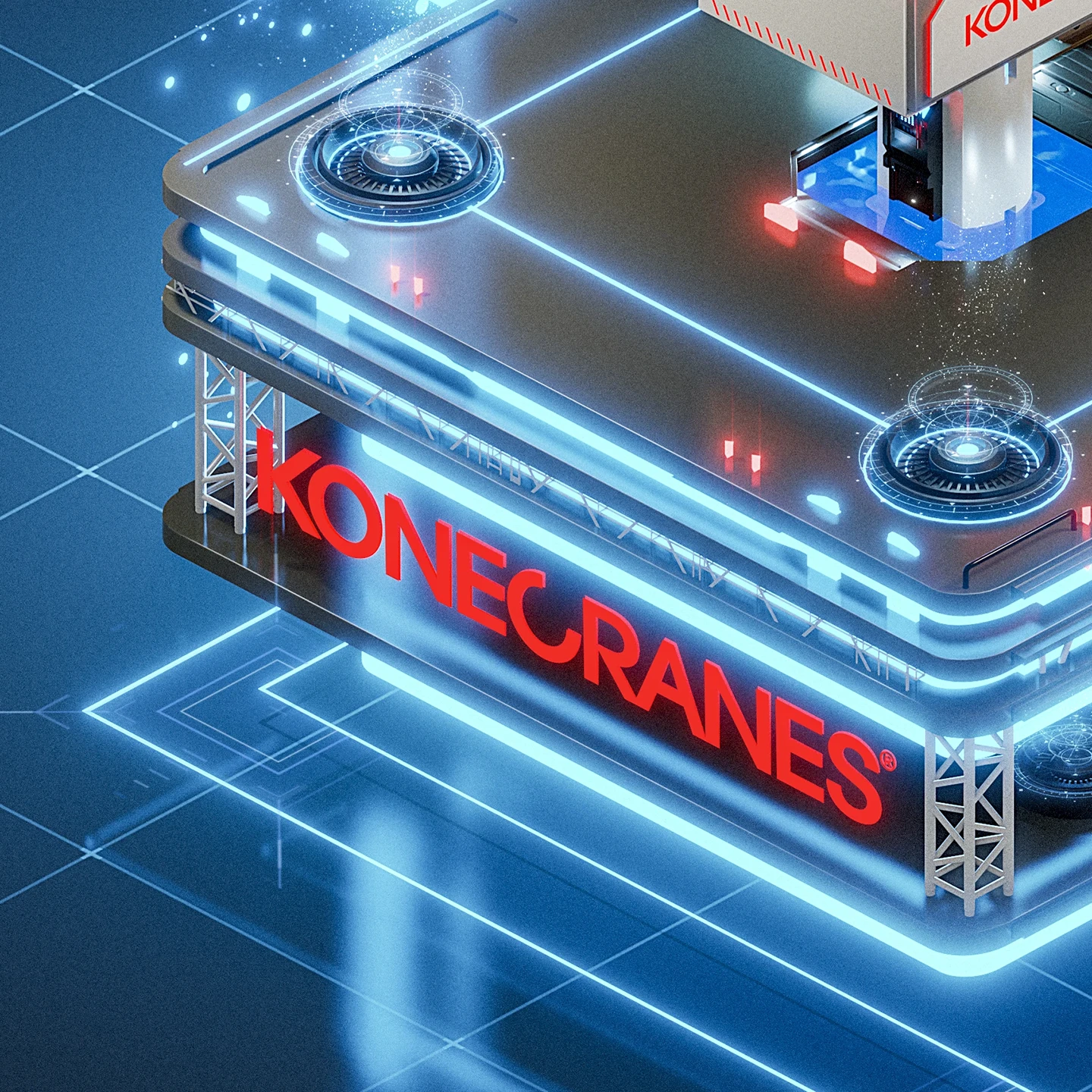 Lähikuva tulevaisuuden SMR nosturista 3D. Konecranesn logo nosturin alustan etupuolella.