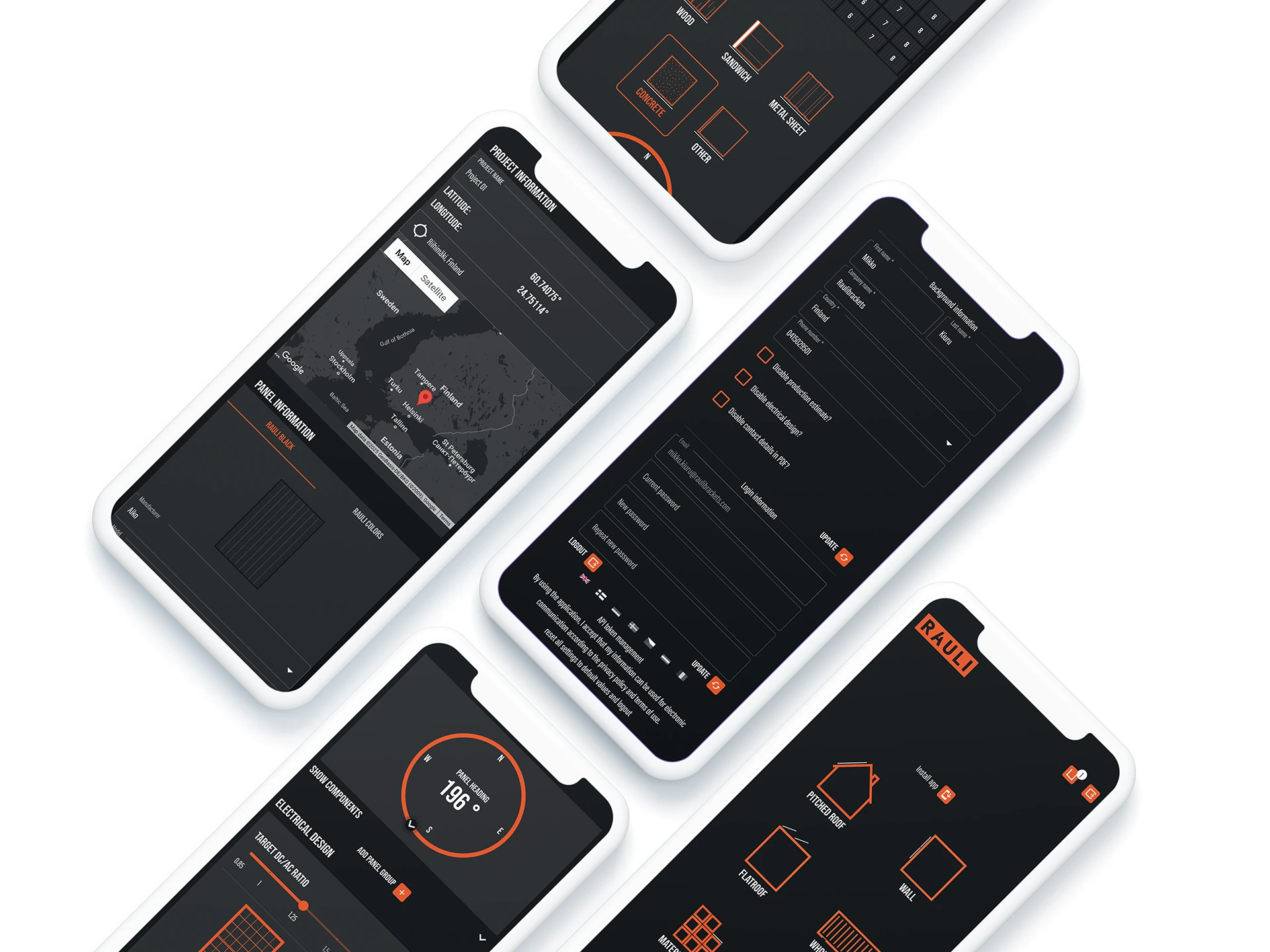 Rauli applikaation mockup kuva jossa useita kännyköitä valkoisella tasolla. Näytöillä RAULI app kuvakaappauksia applikaatiosta