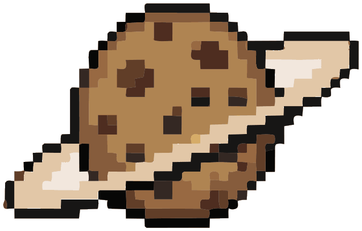 Pixel art cookie designed as a planet with a cream-colored ring around it.