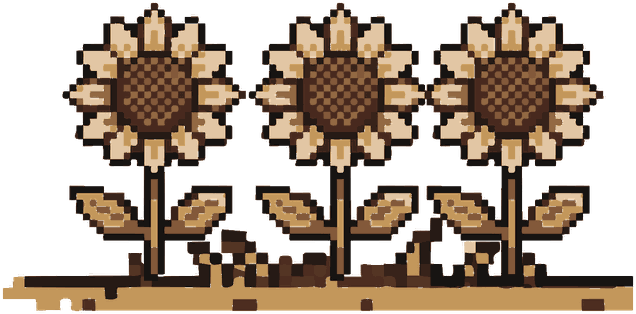 Pixel art style image of three brown sunflowers with leaves on a patch of soil.