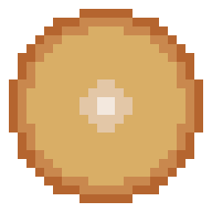 Pixel art style image of a circular crumbly tan and brown object resembling a cookie or biscuit.