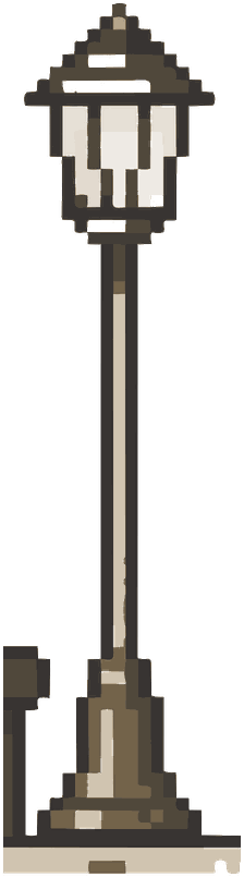 Pixel art style street lamp with lantern on a metal pole and rectangular base.