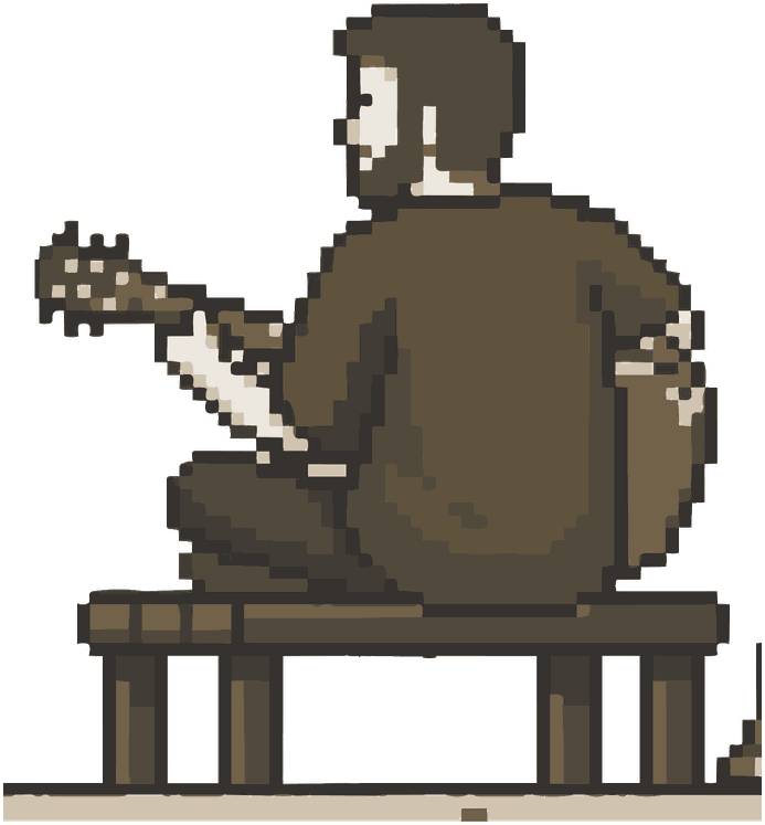 Pixel art of a bearded man sitting on a bench playing an acoustic guitar.