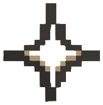 Abstract symmetrical star shape composed of stepped black and brown blocks on transparent background.