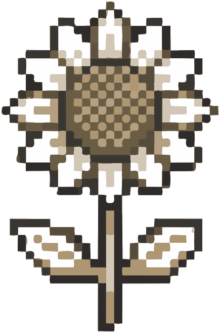 Pixel art style sunflower with white petals, a brown checkered center, and two leaves on the stem.