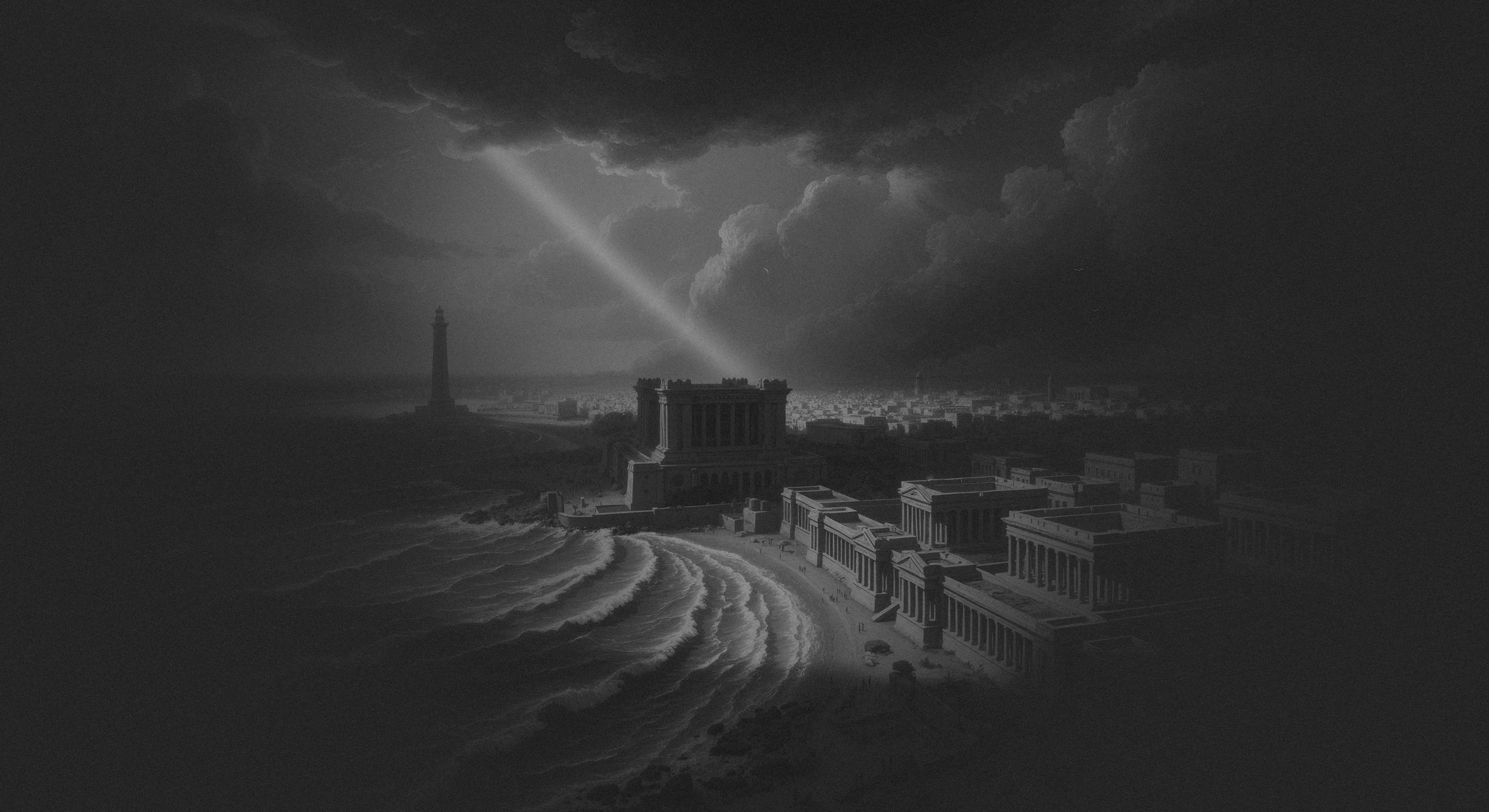 Monochrome image of an ancient coastal city with classical buildings, waves hitting the shore, a lighthouse, and a beam of light shining from a central temple.