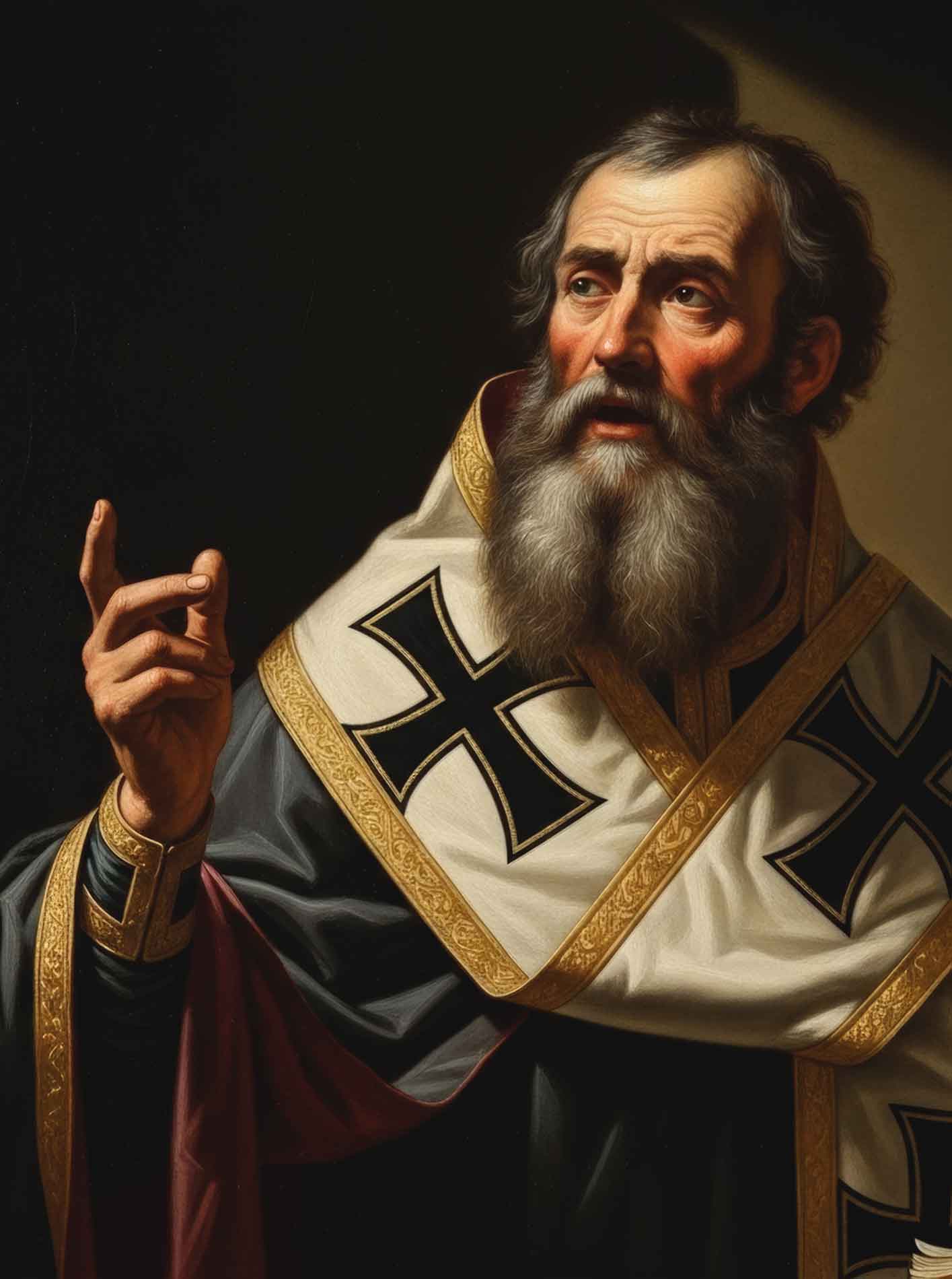 A painting of a man with a cross on his chest.