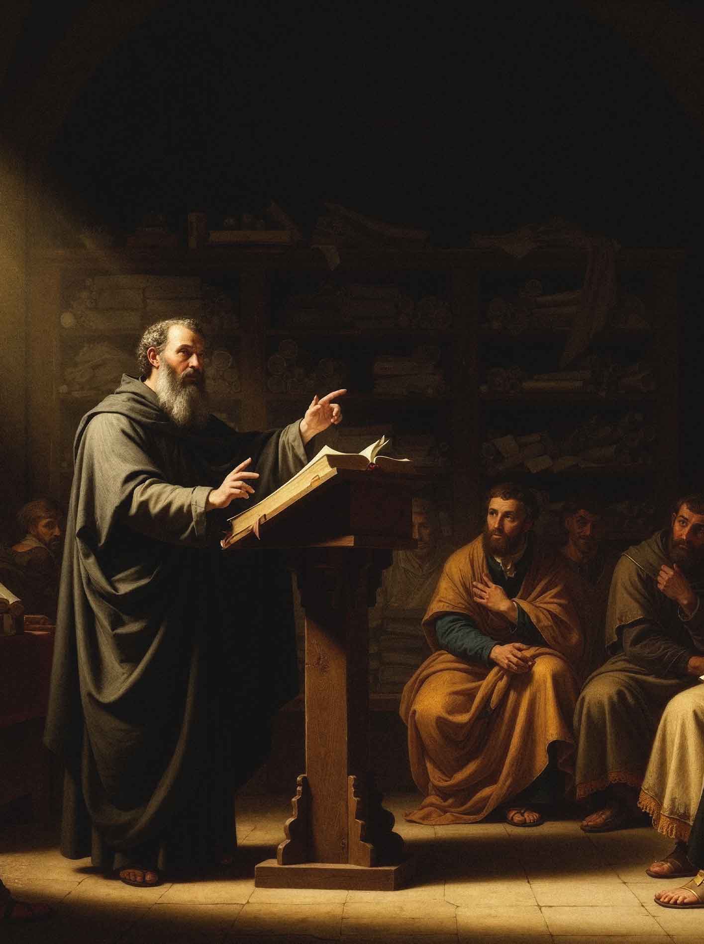 A painting of a man standing at a podium in front of a group of people.