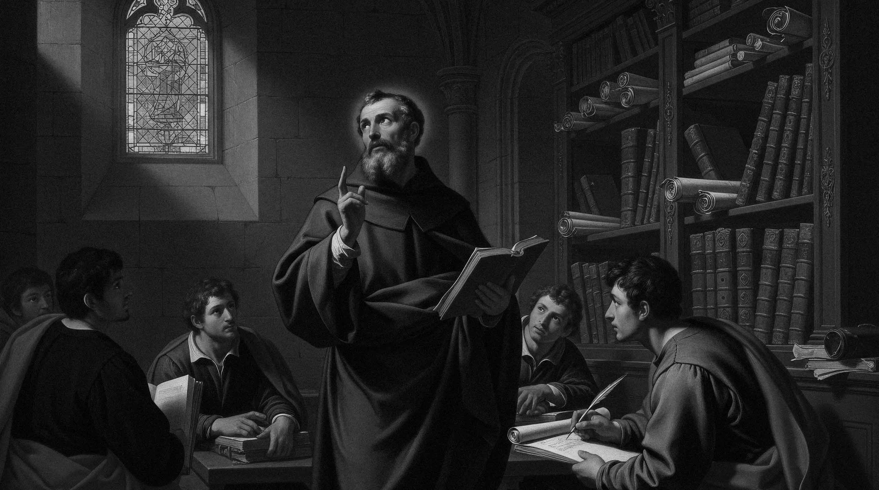 A bearded man in a robe reads from a book and gestures with his finger raised while four young men attentively listen and take notes in a dimly lit room with bookshelves and a stained-glass window.