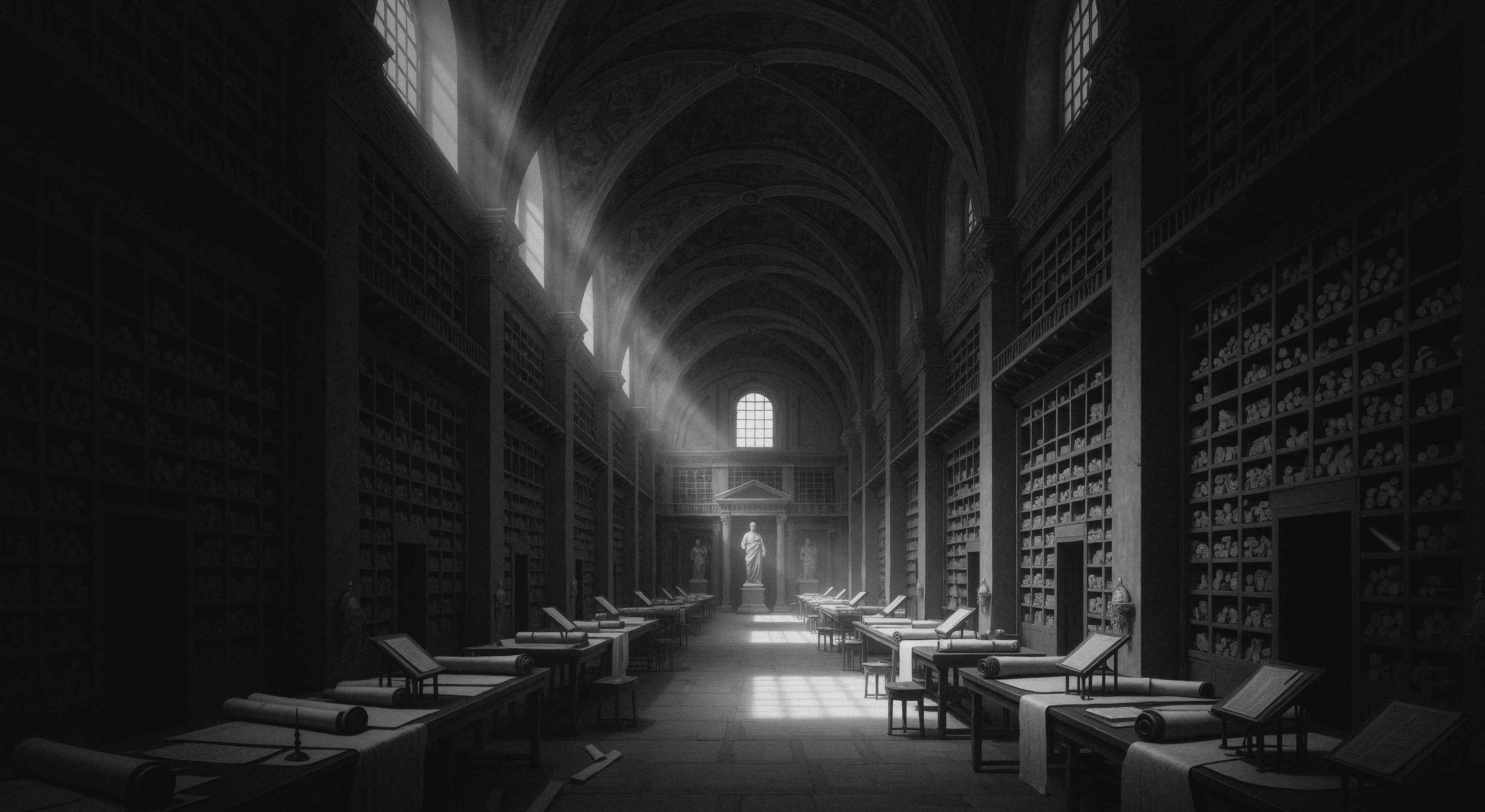 Dimly lit historic library hall with arched ceiling, rows of tables holding scrolls and books, and statues at the far end.